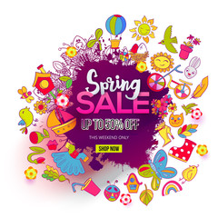 Hand drawn Big Spring Sale ink splash and Doodles art. For banners, posters, flyers, cards, invitations, labels. Vector illustration. Colorfull detailed objects and symbols isolated on background