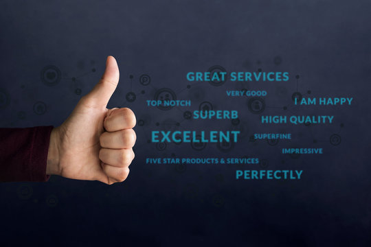 Customer Experience Concept. Happy Client show Thumb Up in meaning "Great" over Positive Reviews and Social icons. Best Excellent Services for Satisfaction Survey Online