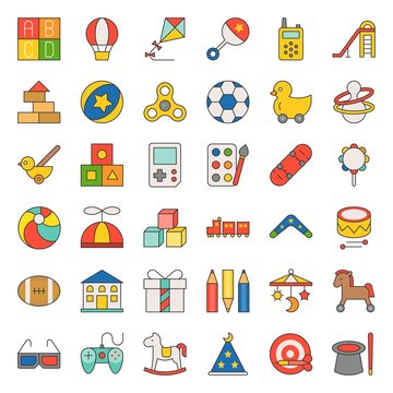 Children toy such as ball, rocking horse, blocks, balloon, filled outline icon set 2/2