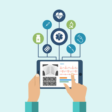 The tablet in hands of doctor. Innovative technologies in medicine. The modern doctor. Tablet computer with virtual interface, icons medical. Illustration, flat design.

