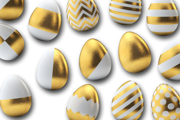 Gold pattern easter eggs on a white background. 3D Rendering