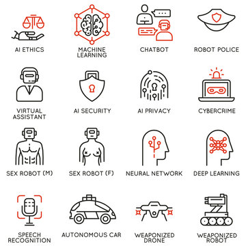 Vector set of 16 linear icons related to artificial intelligence ethics and machine and deep learning. Mono line pictograms and infographics design elements
