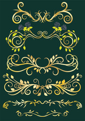 Gold classical antique floral borders on green background. To be used for holidays, celebrations or happy events