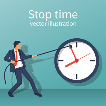 Stop time concept. Business metaphor. Vector illustration flat design. Isolated on white background. Businessman in suit push back hour hand. Deadline. Time management.