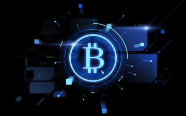 blue bitcoin projection over black background