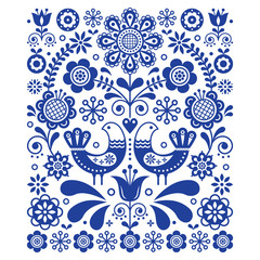 Scandinavian cute folk art vector decoration with birds and flowers, Scandinavian navy blue floral pattern
