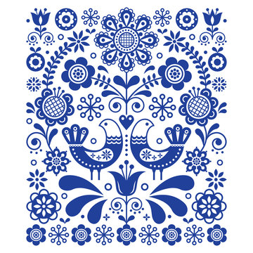 Fototapeta Scandinavian cute folk art vector decoration with birds and flowers, Scandinavian navy blue floral pattern