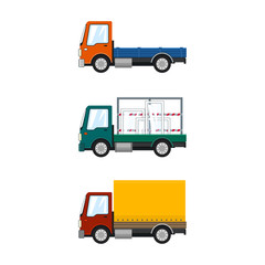 Set of Small Cargo Trucks Isolated, Orange Mini Lorry without Load, Car with Windows, Closed Truck, Transport and Logistics, Delivery Services, Vector Illustration