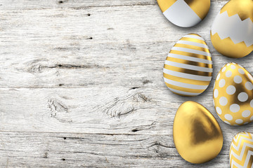 Gold pattern easter eggs on a wooden background. 3D Rendering