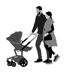  Happy family, parents walking outdoor with baby and pram, vector isolated on white background. Baby carriage. Fathers day. Mothers day. 
