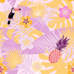 Pattern background. Seamless pattern of tropical forest, toucan and pineapple in trendy color tones.