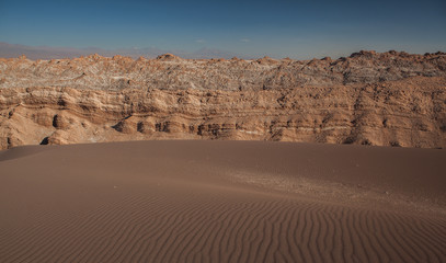 View over a perfect landscape of sand and rocks in the moon valley of the Atacama desert