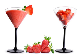 Delicious fruit smoothies from fresh strawberry in a glass isolated on a white background.