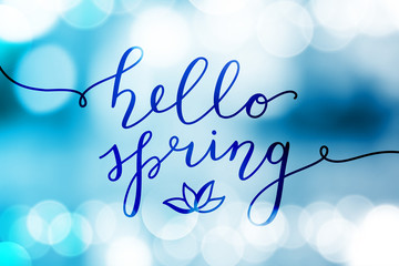 hello spring, vector lettering and flower, spring card with handwritten text