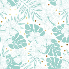 Fototapeta na wymiar Seamless Vector Pattern of Summery Tropical flowers and leaves ideal for creating wallpapers, fabric patterns, clothing prints, labels, crafts and other projects