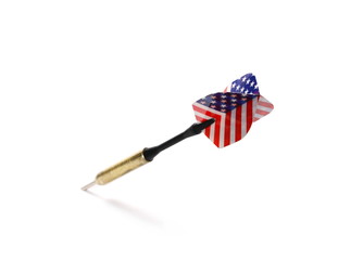 Throwing dart with American flag isolated on white background