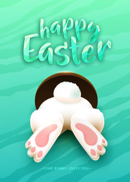 Happy Easter greeting card with funny white cartoon easter bunny ass, foot, tail