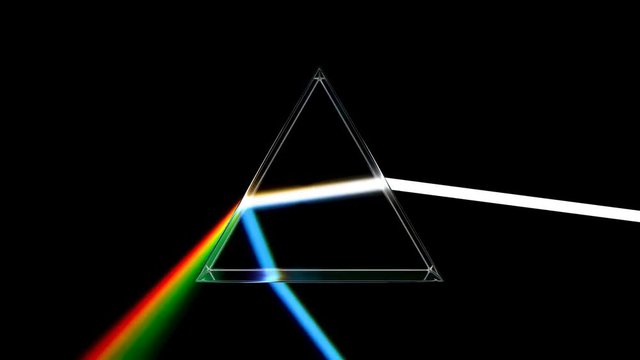 Optical glass pyramid with visible spectrum wave rays, animation. 3D rendering