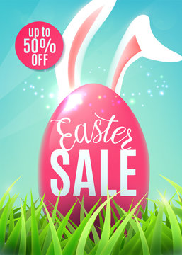 Easter Sale Banner With Egg, Easter Bunny Ears, Discount Sticker Up To 50 Off