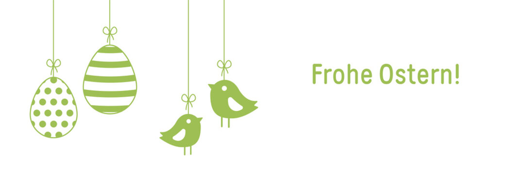 Ostergru&szlig; mit h&auml;ngenden Ostereiern und K&uuml;ken