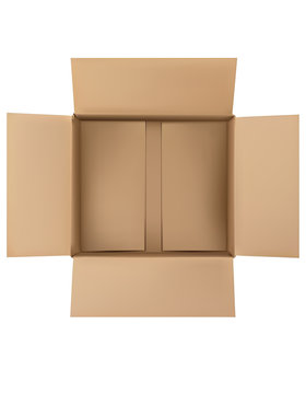 Open plain brown blank cardboard box isolated on white. Top view. Vector 3d illustration.