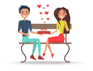 Boy and Girl Sitting on Wooden Bench Vector