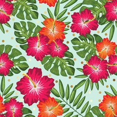 Selbstklebende Fototapeten Seamless Vector Pattern of Summery Tropical flowers and leaves ideal for creating wallpapers, fabric patterns, clothing prints, labels, crafts and other projects © Karmina