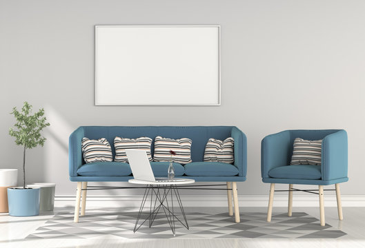 mock up poster frames in hipster interior modern living room background, 3D render