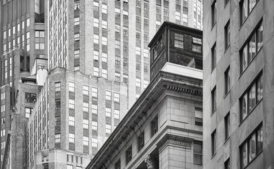 Black and white picture of New York buildings facades, USA.