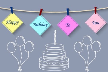 Birthday card with Clothespin and colorful letters hang on rope