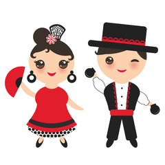 Spanish flamenco dancer. Kawaii cute face with pink cheeks and winking eyes. Gipsy girl and boy, red black white dress, polka dot fabric, Isolated on white background. Vector