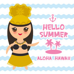 Aloha Hawaii Card design Hawaiian Hula Dancer Kawaii girl. Hello summer blue waves sea ocean palm tree background. banner template, card design. Vector