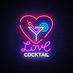 Cocktail logo in neon style. Love Cocktail. Neon sign, Design template for drinks, alcoholic beverages. Light banner, Bright nightlight advertising for cocktail bar, party. Vector illustration