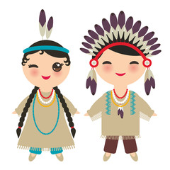 American indians Kawaii boy and girl in national costume. Cartoon children in traditional dress Indigenous peoples of the Americas isolated on white background. Vector