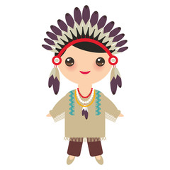 American indians Kawaii boy in national costume. Cartoon children in traditional dress Indigenous peoples of the Americas isolated on white background. Vector