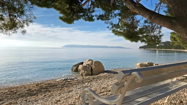 Wooden bench under pine trees on empty pebble beach in Croatia on sunny day slow motion