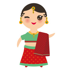 Indian Kawaii girl in national costume. Cartoon children in traditional India dress sari isolated on white background. Vector