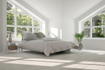 Inspiration of white minimalist  bedroom with summer landscape in window. Scandinavian interior design. 3D illustration