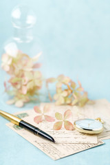 vintage cards and hydrangea flowers