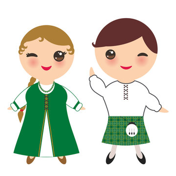 Ireland boy and girl in national costume and hat. Cartoon children in traditional irish dress. Isolated on white background. Vector