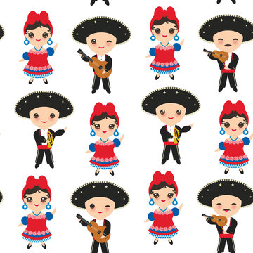 Seamless pattern Cubans boy and girl in national costume and hat Cartoon children in traditional Cuba dress, Mariachi group Musical guitar, viola, violin, trumpet. Isolated on white background. Vector