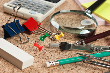 office supplies in a mess on the table
