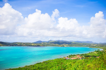 Fototapeta na wymiar View of English Harbor from Shirley Heights, Antigua, paradise bay at tropical island in the Caribbean Sea