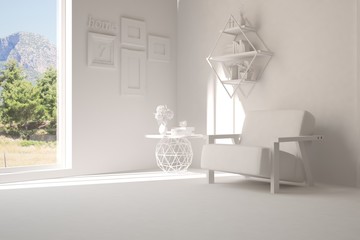 Idea of white room with armchair and summer landscape in window. Scandinavian interior design. 3D illustration
