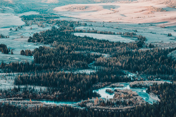 Colorful bend of the river in the forest valley. Beautiful view of Altai.