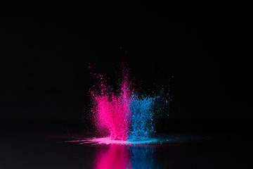 pink and blue holi powder explosion on black, traditional Indian festival of colours