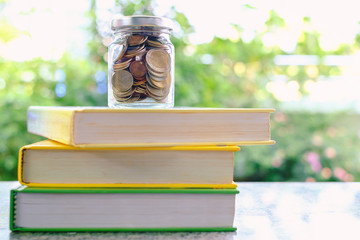 The glass jar of money coins on the books on blurred natural green background