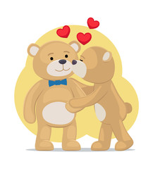 Obraz na płótnie Canvas Teddy Bears Couple, Female Kisses Male in Cheek