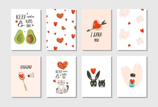 Hand drawn vector abstract modern cartoon Happy Valentines day concept illustrations cards set collectionwith cute cats,pizza,hearts,avocado and handwritten calligraphy isolated on white background