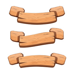 Vector set with cartoon wooden ribbons for game assets, ui development. GUI banners.
